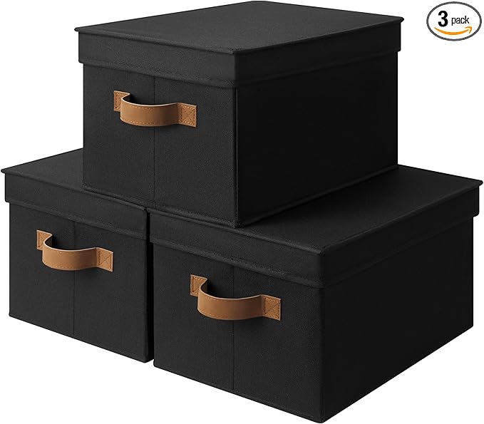 StorageWorks Large Storage Bins with Lids, Decorative Storage Boxes with Lid and PU Handles, Foldable Storage Baskets for Closet, Shelves, Stackable, Black, 3-Pack