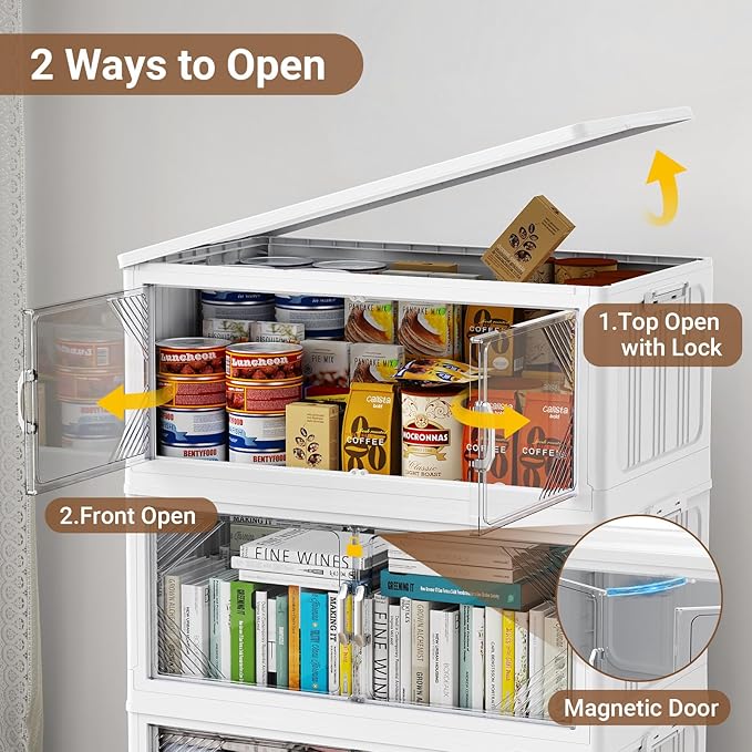 140Gal Plastic Stackable Storage Bins with Lid, 560QT Extra Large Closet Organizers Collapsible Cabinets Boxes with Drawers, Foldable Containers with 4X Wheels for Home Kitchen, V60 4Pack White