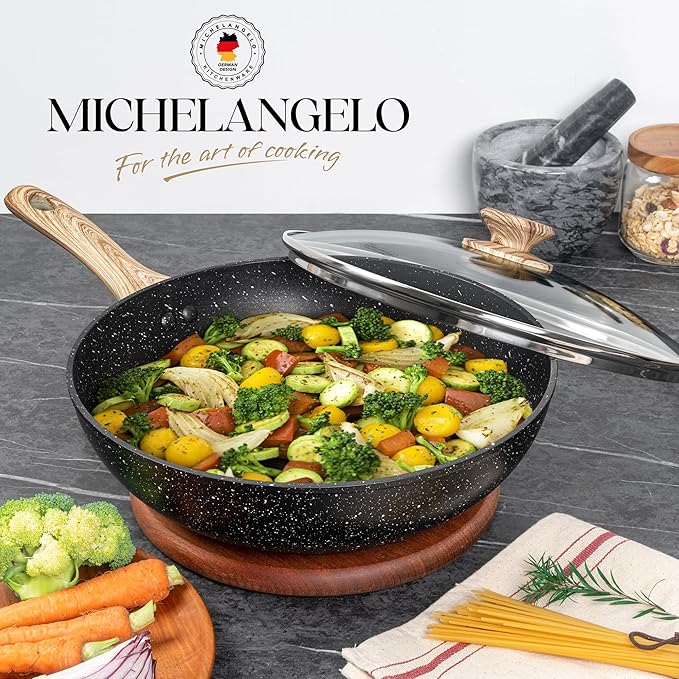 MICHELANGELO 12 Inch Wok Set - Woks & Stir-Fry Pans Nonstick Wok Pan with Lid, Induction Wok with Ergonomic Handle, Stainless Steel Steamer, Fryer Basket, Black