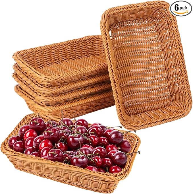 6 Pack 12 Inch Brown Poly Wicker Bread Baskets, Rectangular Wicker Bread Basket, Imitation Rattan Wicker Fruit Baskets for Table, Candies, Crackers, Fruit, Vegetables, Restaurant,Home Kitchen