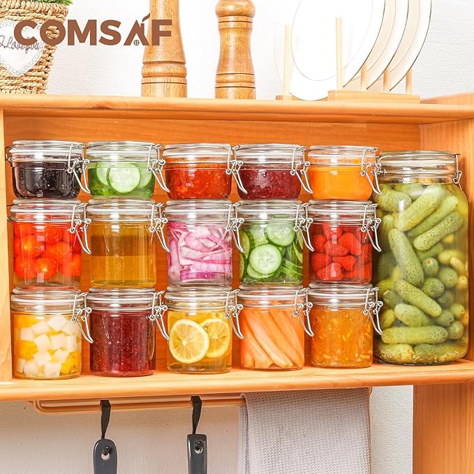 ComSaf 8oz Small Airtight Glass Jars Set of 12 with Lid Food Storage Jar Round, Mini Storage Container with Clear Preserving Seal Wire Clip Fastening for Kitchen Canning, Jam, Spice, Honey, Mason Jars