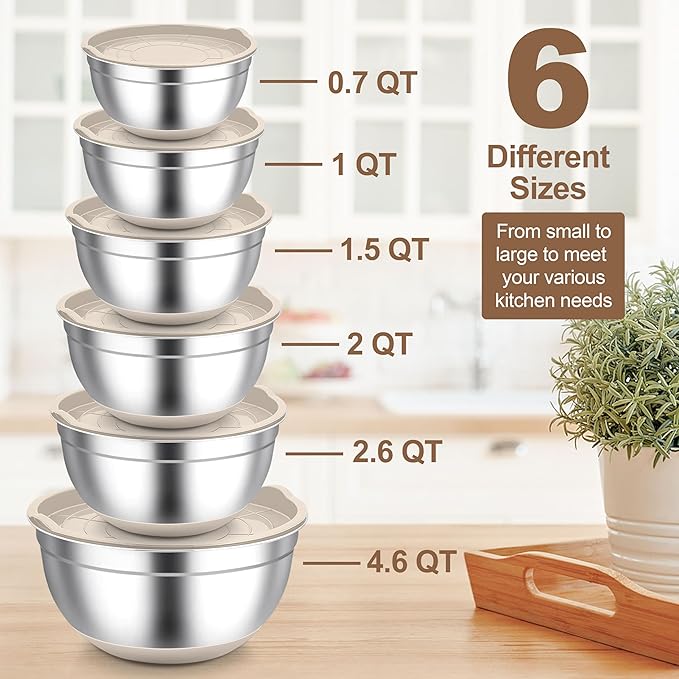 TeamFar Khaki Mixing Bowls, 6-Piece Stainless Steel Nesting Salad Bowls with Lid Set for Prepping Baking, Non-Toxic & Stackable, Air-Tight Lid & Non Slip Bottom, 4.6/2.6/2/1.5/1 / 0.7 QT