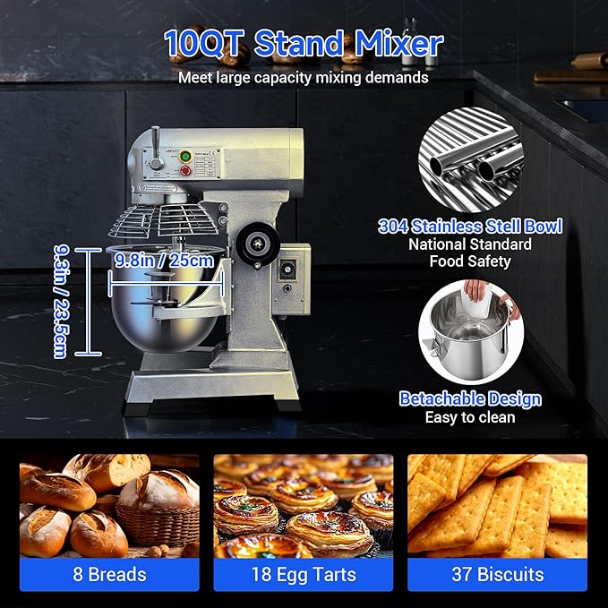 Commercial Food Mixer 10Qt,500W Commercial mixer 3-Speed Adjustable with Timing Function, Industrial Dough Mixer with Stainless Steel Bowl for Bakery Pizzeria (Upgrade)