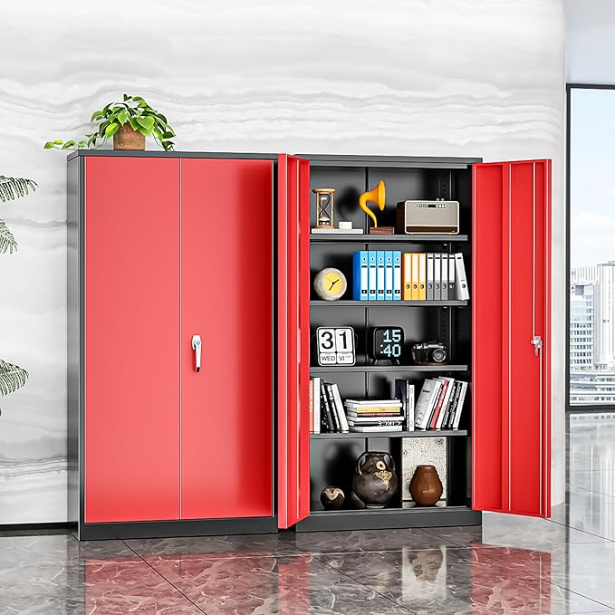 INTERGREAT Metal Storage Cabinets 72” Black Red Garage Steel Storage Cabinet with Doors and Shelves, Steel File Cabinet for Home Office, Basement, Warehouse, Classroom（Anti Tipping）
