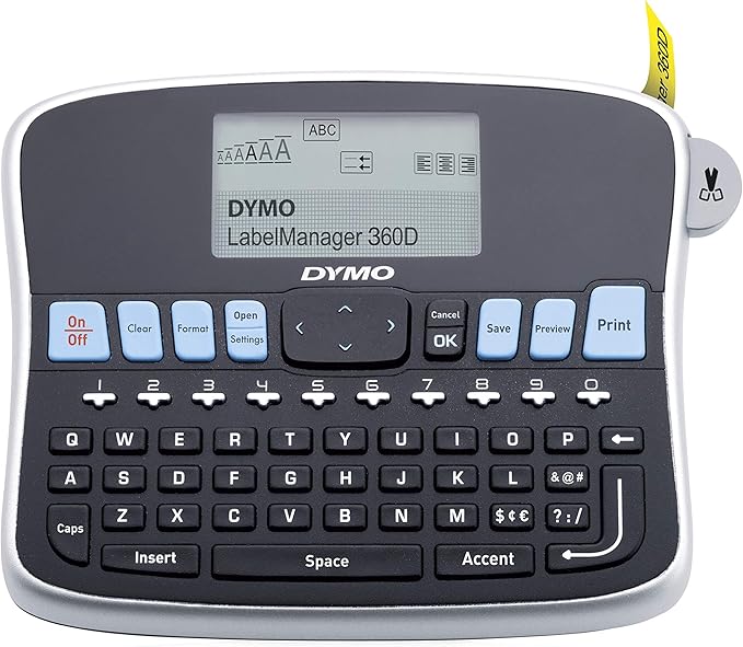 DYMO Desktop Label Maker LabelManager 360D Rechargeable Hand-Held Label Maker, Easy-to-Use, One-Touch Smart Keys, QWERTY Keyboard, Large Display, For Home & Office Organization