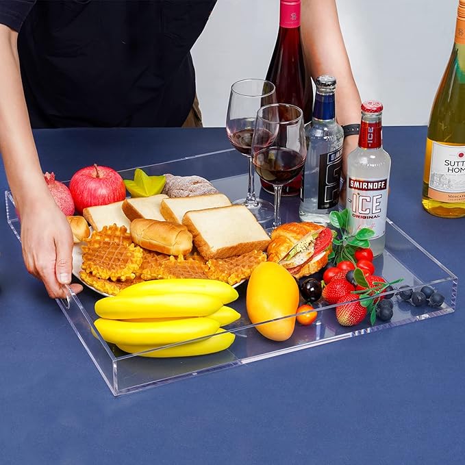 18×18 Inches Clear Acrylic Serving Tray with Handles Extra Large Ottoman Tray Decorative Trays Spill-Proof Coffee Table Space Saver Oversize Counter top Organizer Platter with Safe Edge