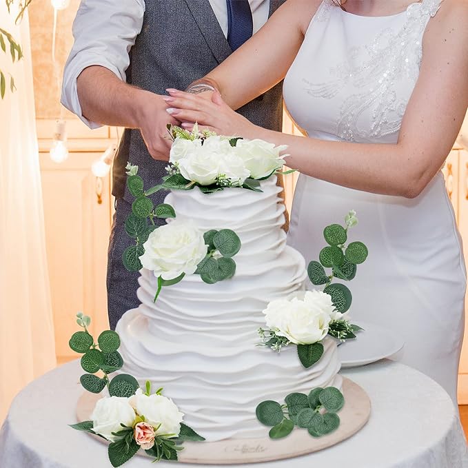 Taiyin 9 Pcs Flower Cake Topper Boho Cake Decorations Eucalyptus Flowers Floral Decorations for Women Wedding Birthday Party Anniversary(White)