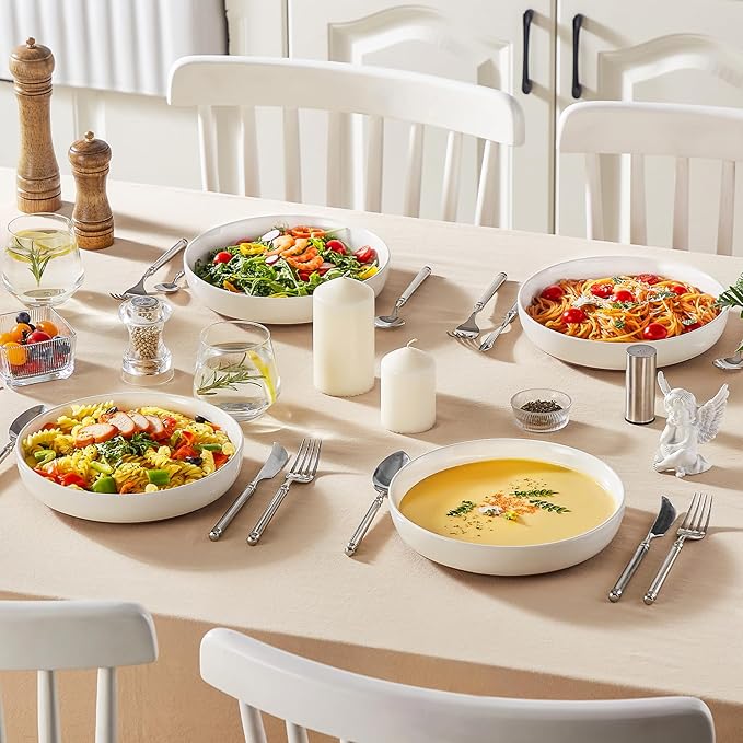 MALACASA 48 OZ Pasta Bowls Set of 4, Large Salad Serving Bowls for Kitchen, Ceramic Soup Bowls Pasta Plates for Dinner, Microwave Dishwasher Safe, Khaki White,Series TARA