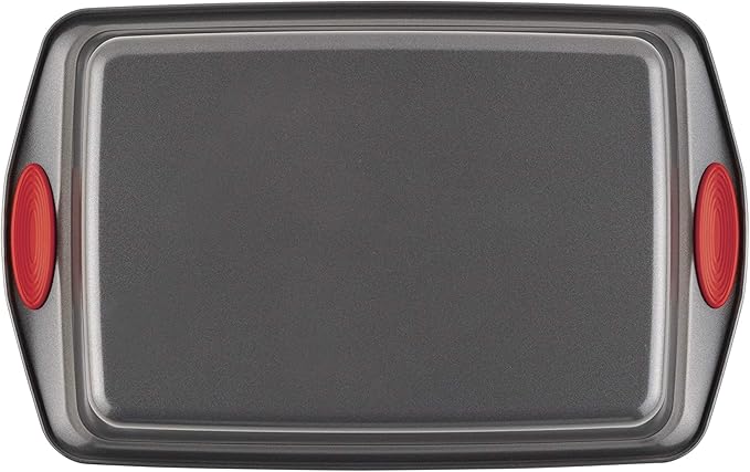Rachael Ray Yum-o! Nonstick Baking Pan With Grips/ Nonstick Cake Pan with Grips, Rectangle - 9 Inch x 13 Inch, Gray with Red Grips