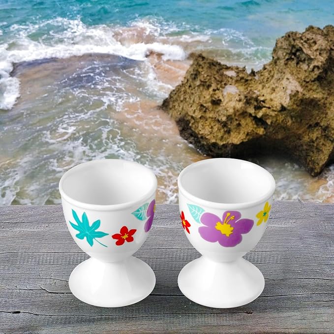 Cinf Ceramic Egg Cups Hawaii Flower Set of 2 Porcelain Holder Breakfast Boiled Cooking Easy to Clean Childhood Memories Kitchen