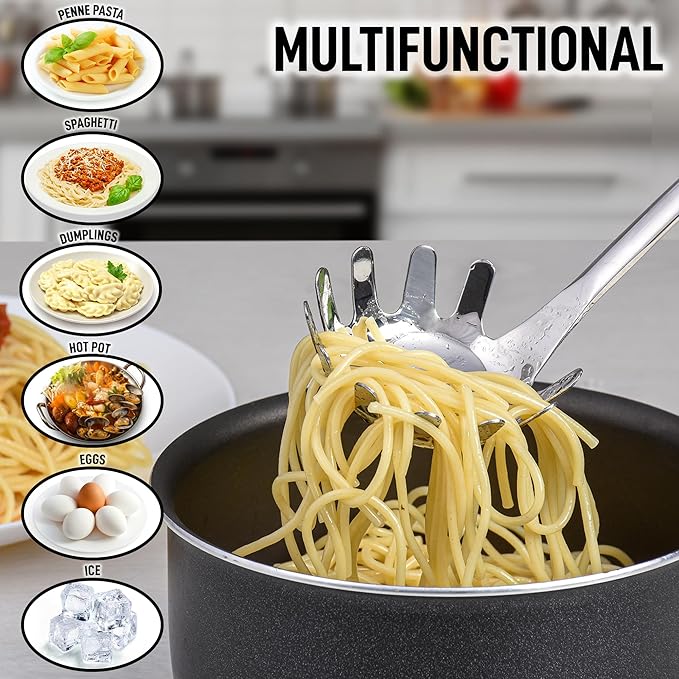 Zulay Kitchen Premium Stainless Steel Spaghetti Spoon - Pasta Spoon with Teeth - Metal Pasta Spoon - Pasta Fork Noodle Spoon - Easy to Use & Clean Pasta Utensil - 12’ Pasta Server