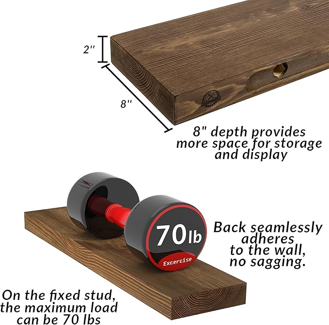 Rustic Floating Shelves 60 inch Long 8 "deep Set of 1, Heavy Duty Wood Wall Mounted Shelves for Bathroom Living Room Kitchen,Book Shelves with Thickened Hidden Bracket- Walnut