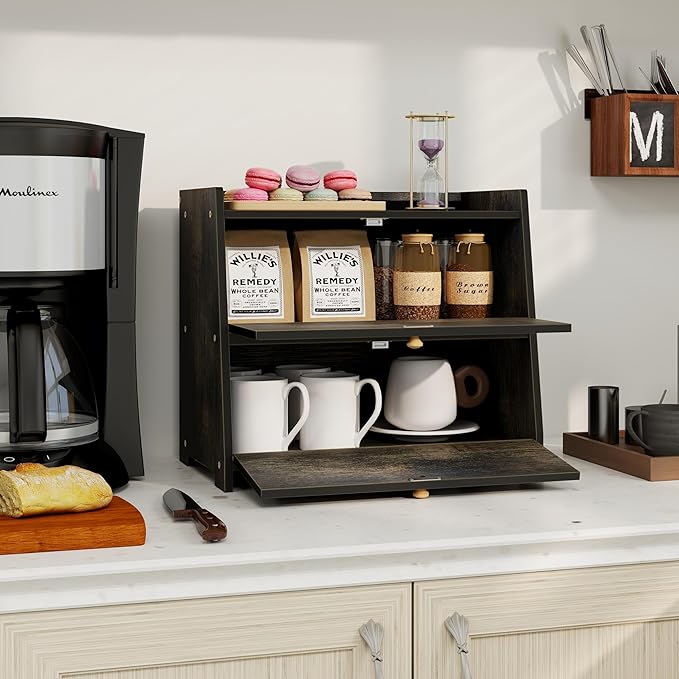 Vintage Double Layer Bread Box for Kitchen Counter Bamboo Bread Storage Container Large Capacity Bread Storage Bin (Antique Black)