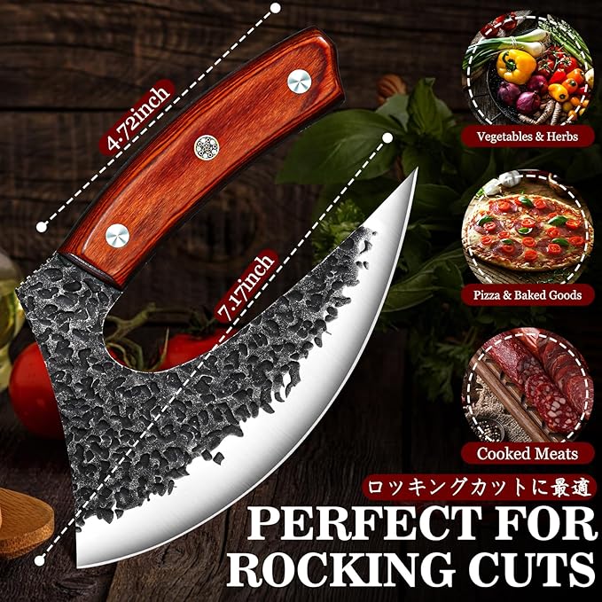 TIVOLI Ulu Knife with Sheath – Full Tang Rosewood Handle, Gift Box Included, Pizza Cutter & Viking Butcher Cleaver Knife for Meat and Herbs, Great for Outdoor Cooking and Unique Japanese Gifts for Men
