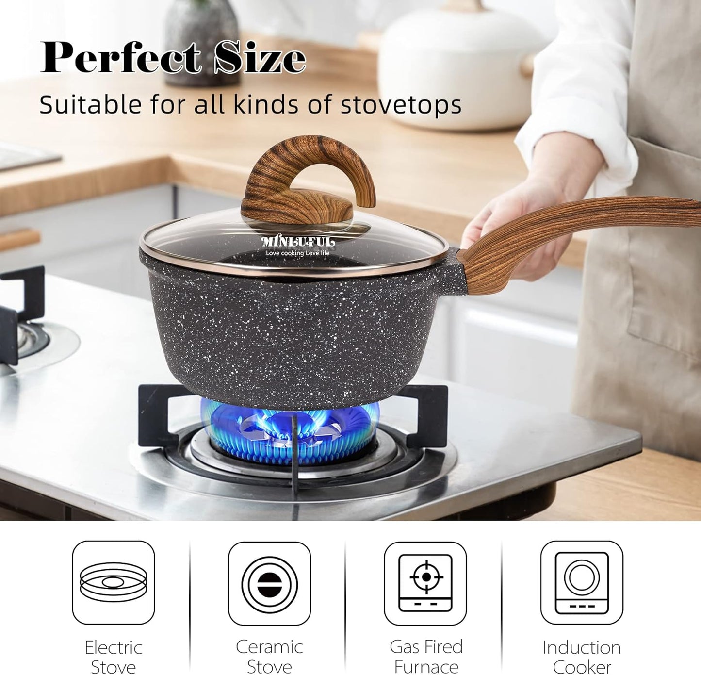 Nonstick Saucepan with Lid, 1.8 Quart Classic Black Granite Coated Pasta Soup Pot for All Stovetops, 7 Inch Small Sauce Pan for Cooking Sauce Soup and Milk