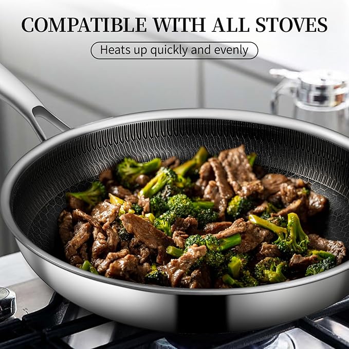 Stainless Steel Frying Pan with Lid - 11 Inch Nonstick Frying Pan with Lid, Honeycomb Stainless Steel Skillet Omelet Chef's Pan with Stay Cool Handle, Induction Compatible, PFOA Free