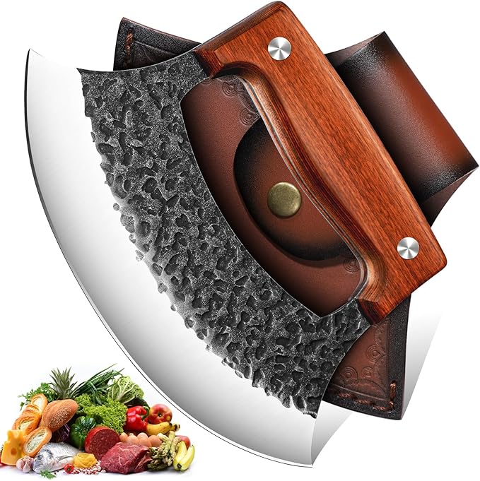 TIVOLI Hand-Forged Ulu Knife – Full Tang High Carbon Steel, Japanese-Inspired with Sheath & Gift Box, Mezzaluna Rocker Knife & Pizza Cutter for Kitchen, Camping & BBQ,Japanese Birthday Gifts for Men