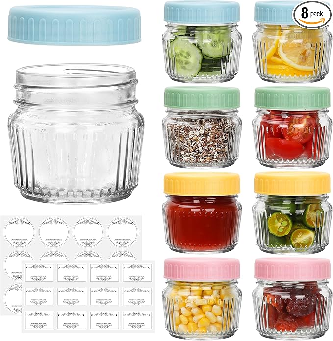 Glass Regular Mouth Mason Jars, Mini Mason Jars 4 oz, 8 Pack Clear Glass Jars with Colorful Plastic Lids, Small Canning Jar for Spice, Jam, Honey, Jelly, Dessert