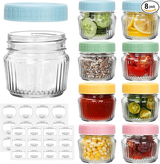 Glass Regular Mouth Mason Jars, Mini Mason Jars 4 oz, 8 Pack Clear Glass Jars with Colorful Plastic Lids, Small Canning Jar for Spice, Jam, Honey, Jelly, Dessert