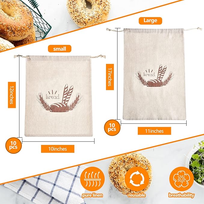 Dunzy 20 Pcs Linen Bread Bag Reusable Container Drawstring Bread Bags Storage Unbleached for Food Baking Kitchen Sandwich Bakery Picnic Wedding Wrapping Camping (10 x 12 Inch, 11 x 17 Inch)