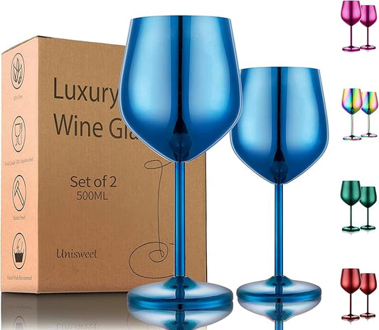 Stainless Steel Wine Glasses Set of 2, 18 oz Unbreakable Blue Wine Glass Unique Metal Wine Goblets for Outdoor Capming and Pool Gift for Wine Lovers