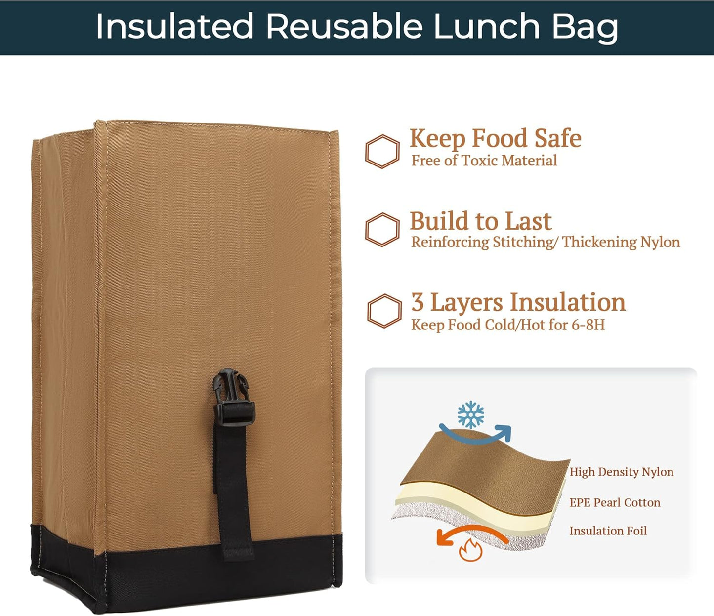 SUNNY BIRD Insulated Lunch Bag Rolltop Lunch Box Tote Bag for Women, Men, Adults and Teens (Brown)