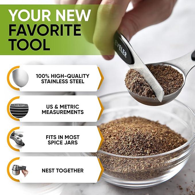 Spring Chef Magnetic Measuring Cups & Spoons Set (Patent Pending), Strong N45 Magnets, Heavy Duty Stainless Steel Fits in Spice Jars for Baking & Cooking, BPA Free, Round Set of 15 with Leveler, Black