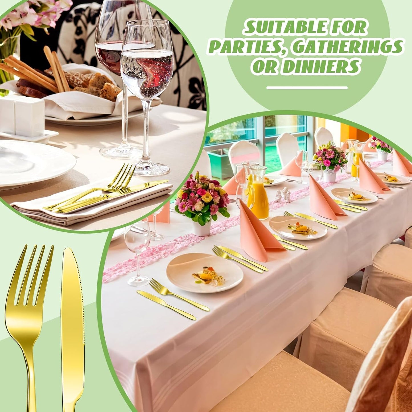 Nuenen 100 Pieces Stainless Steel forks and knives Dinner Flatware Set Tableware Cutlery for Butter Kitchen Restaurant, Dishwasher Safe(Gold,8.4 Inches, 7.1 Inches)