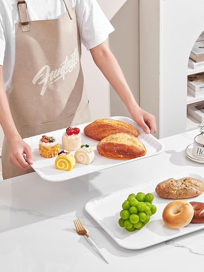 Blue Boat 14" x 10" Serving Trays Set of 4 White, Dinner Tray, Light Weight Easy to Clean Sturdy Stackable Melamine Serving Tray with Handle, Fruit, Snacks, and Desserts Trays