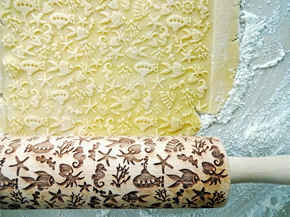 DEEP OCEAN EMBOSSING ROLLING PIN LASER ENGRAVED WITH DEEP OCEAN SYMBOLS GIFT FOR FRIEND
