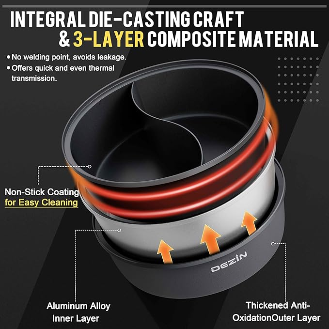 Dezin Hot Pot Electric with Divider, 6L Double-Flavor Shabu Shabu Pot, Dual Sided Removable Non-Stick Hotpot Pot Electric, 3" Depth Chinese Hot Pot with Multi-Power Control, 2 Silicone Ladles Included