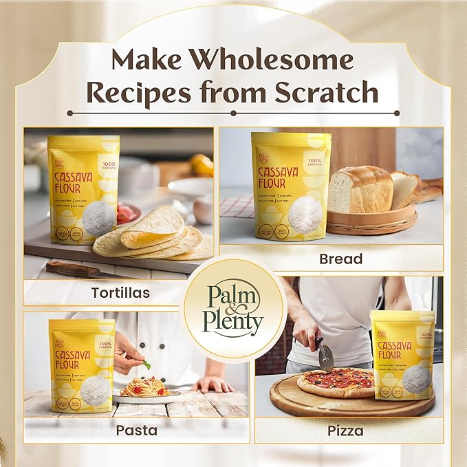 Palm & Plenty Natural Cassava Flour - Gluten Free, Grain Free, and Nut Free All Purpose Flour Alternative - Great for Tortillas, Pancakes, Pasta, and Baking - Non GMO Yuca Root-Based Flour - 2 lb Bag