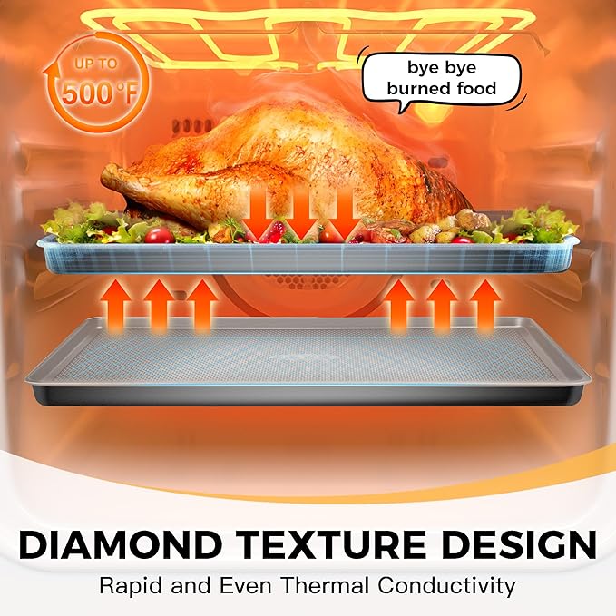 HONGBAKE Baking Sheet Pan Set, Cookie Sheets for Oven, Nonstick Half/Quarter/Jelly Roll Pans with Diamond Texture Pattern, Heavy Duty Cookie Tray, Silver