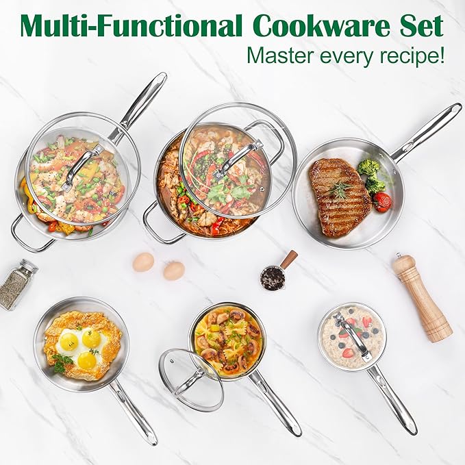 E-far 10-Piece Stainless Steel Cookware Set, Induction Pots and Pans Set with Tri-Ply Base, Non-toxic Kitchen Cooking Set w/Frying Pan, Saucepan, Saute Pan, Stockpot with Lids, Oven & Dishwasher Safe