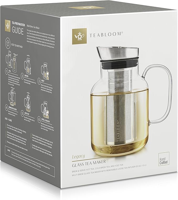 Teabloom Large Multi-Brew Borosilicate Glass Teapot + Kettle + Pitcher – Steep and Serve Hot Tea, Iced Tea, Cold Brew Tea and Fruit Infused Water – Legacy Tea Maker (51 OZ or 85 OZ)
