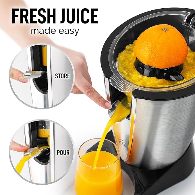 Zulay Electric Citrus Juicer - Makes Fresh Orange, Lemon, Grapefuit, Lime - Stainless Steel, 160W Quiet Powerful Motor, Interchangeable Cones - Filters Out Seeds & Pulp - Dishwasher-Safe Parts - Black