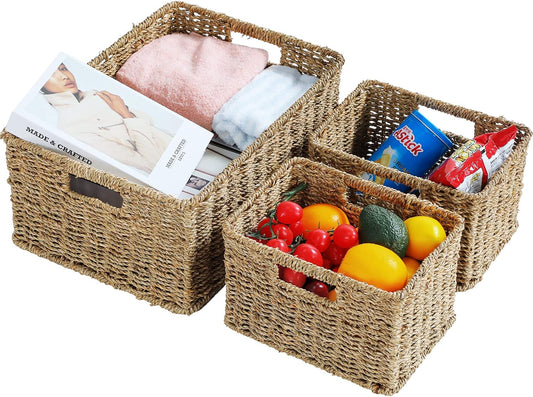 HOONEX Large Wicker Baskets for Storage, Seagrass Baskets with Dual Handles, Woven Baskets for Storage, Set of 3, Natural