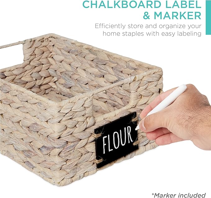 Best Choice Products Set of 4 9x12in Water Hyacinth Pantry Baskets, Woven Organizers w/Chalkboard Label, Chalk Marker - White