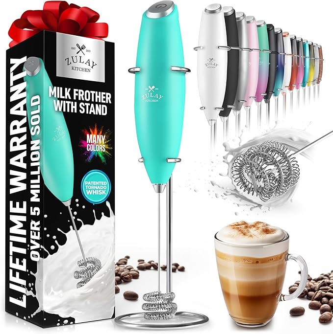 Zulay Kitchen Milk Frother with Patented Tornado Triple Whisk – Handheld Foam Maker for Coffee, Lattes, Matcha & Hot Chocolate – Rich, Creamy Froth in Seconds -