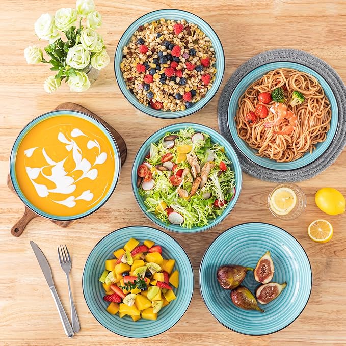 vancasso Bonbon Large Pasta Bowls Set of 6, 50 Oz Ceramic Salad Bowls, Wide and Shallow Bowls Set, Large Serving Bowls for Kitchen, Blue