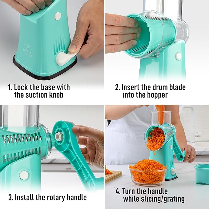 Zulay Kitchen Rotary Cheese Grater 5 Blade Cheese Shredder - Manual Hand Crank Cheese Grater With Reinforced Suction & 5 Interchangeable Drums - Easy to Use, Vegetable Chopper Round Mandoline Slicer