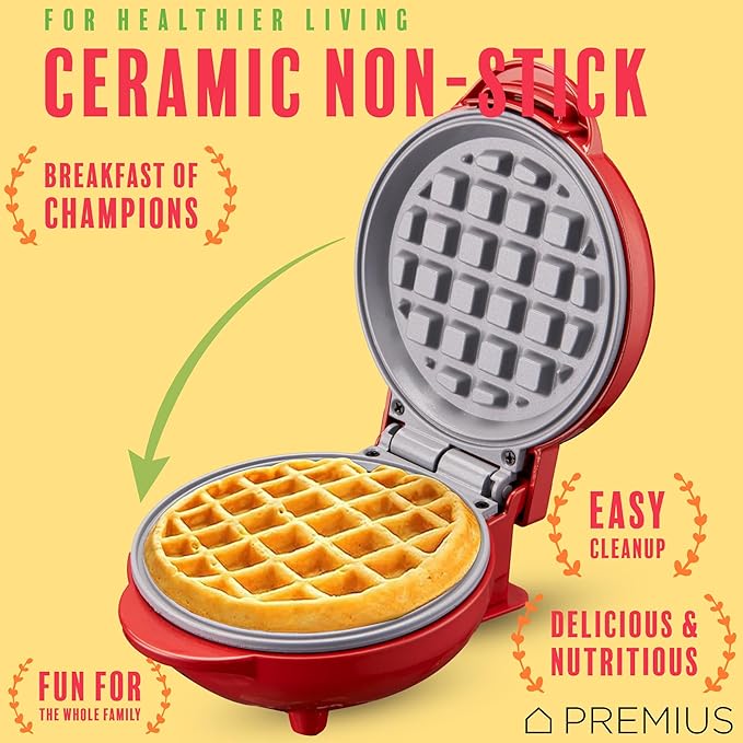 Ceramic Nonstick Mini Snack Waffle Maker, 4” Mold, Quick Heat for Crispy Waffles, French Toast, Tuna Melt, Egg & Grilled Cheese, Sandwiches for Kids & Family, Just Add Batter (Red)