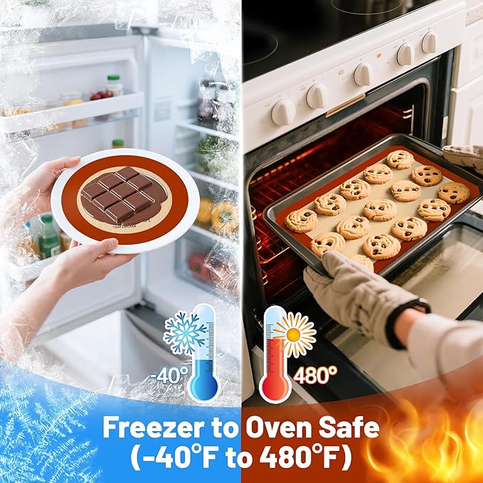 Silicone Baking Mat Set of 5, Grade Food Non-Stick Reusable Baking Mat, Slip Oven Liner Sheet, Round & Square Cake Pan Mat & Silicone Brush for Macaron, Pastry, Cookie