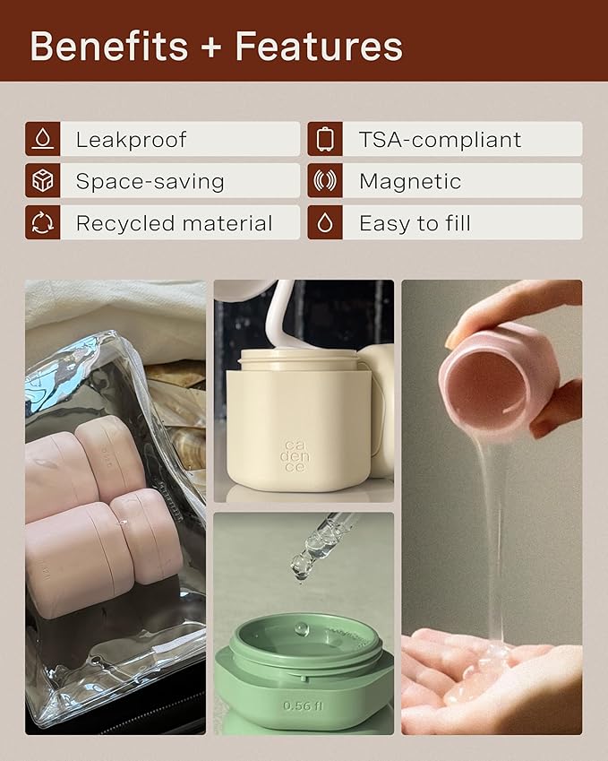 Cadence Travel Containers - Core Skincare Set - Magnetic Containers with Lids,2 Small (0.56oz) & 3 Medium (1.32oz) - Cleanser, Moisturizer, Serum, Makeup Remover & Sun Icon Labels - Pacific