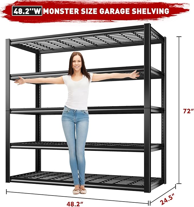 REIBII Garage Shelving, 48.2'' W Metal Shelving, 3010LBS Storage Shelves Heavy Duty, 5 Tier Adjustable Heavy Duty Shelving Unit for Warehouse, Garage, Basement, 48.2" W x 24.1" D x 72" H