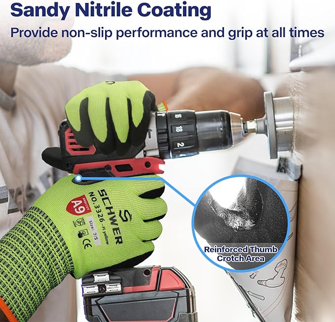 Schwer ProGuard Highest Level Cut Resistant Work Gloves PR3326 for Extreme Protection, ANSI A9 Working Gloves with Sandy Nitrile Coated, Touch-screen, Durable, Washable, Non PFAS, Yellow 1 Pair L