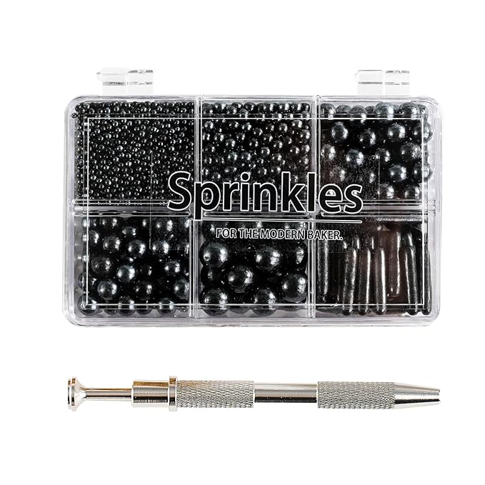 Kasvan Black Mix Sugar Sprinkles - Edible Candy Pearls with 4-Claw Sprinkle Pen,118g/4.16 Oz, Gift Box Pack, Baking Cake Decorations, Ice Cream Toppings and Cookie Decorating (Black)