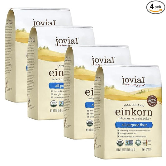 Jovial Organic Einkorn Unbleached All Purpose Flour - Bread Baking Flour for Sourdough, High Protein, Non-GMO, Organic Pizza & Pasta, European Italian, Glyphosate Free - 32 Oz, 4 Pack