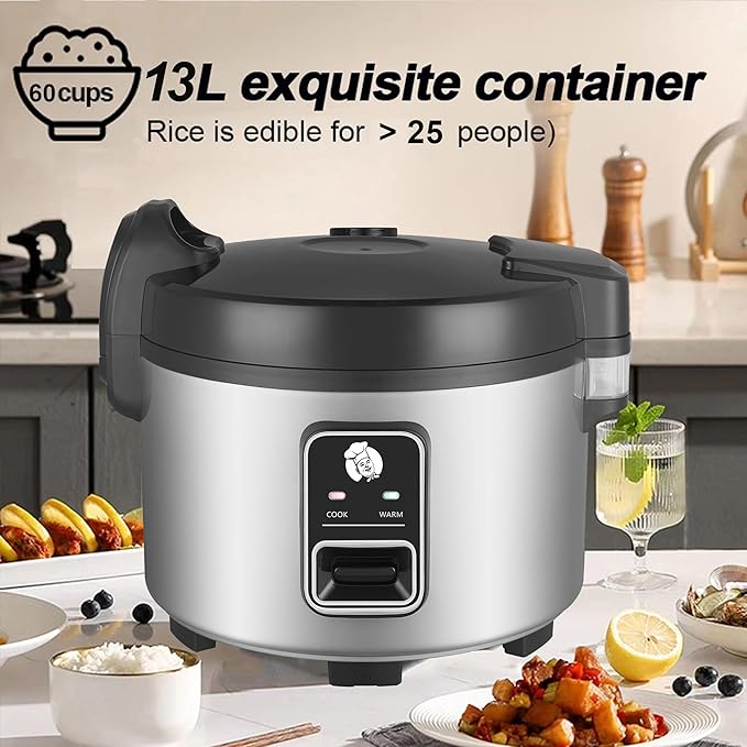 13L Commercial Rice Cooker & rice warmer 60 CUPS Cooked Rice(30-CUPS RAW RICE)| 1350W Fast cooking | Auto turn warming | Large Capacity Rice Cooker for Restaurant (Black)