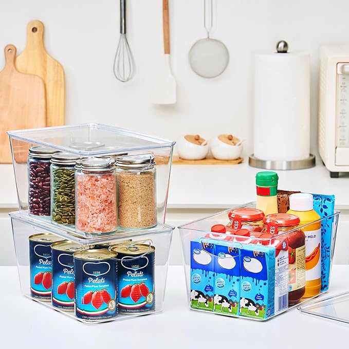 theaoo Clear Storage Bins with Lids Stackable - Large Plastic Containers for Pantry Organization and Storage - Perfect for kitchen,Fridge,Laundry Room,Bathroom,Garage,Closet,Cabinet Organizer - 8 Pack